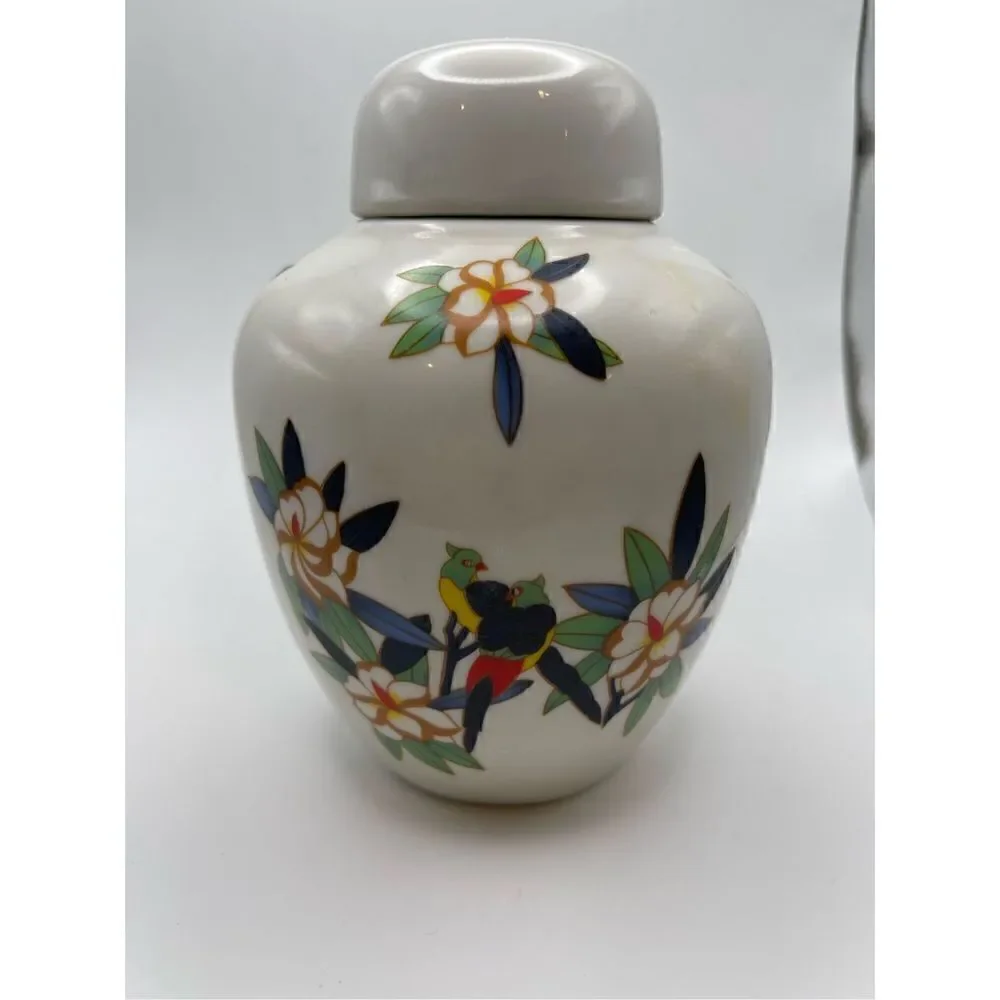 Vintage ginger jar birds flowers very colorful
